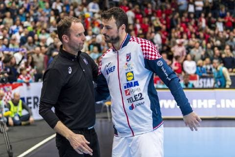 Munich Germany 13 January 2019 World Cup 2019 Men Group B Croatia vs Japan v li Coach Dagur Sigurdsson Japan Domagoj Duvnjak Croatia THW Kiel Munich Olympic Hall Bayern Germany