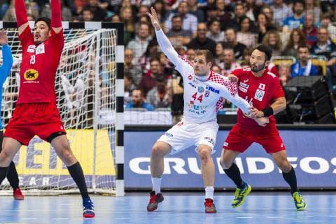 Munich Germany 13 January 2019 World Cup 2019 Men Group B Croatia vs Japan v left in duel Kresimir Kozina Croatia Goeppingen Tetsuya Kadoyama Japan Munich Olympic Hall Bayern Germany