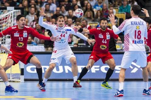 Munich Germany 13 January 2019 World Cup 2019 Men Group B Croatia vs Japan vs Kenya Kasahara Japan Kresimir Kozina Croatia Goeppingen Tetsuya Kadoyama Japan Igor Karacic Croatia Munich Olympic Hall Bayern Germany