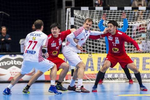 Munich Germany 13 January 2019 World Cup 2019 Men Group B Croatia vs Japan vs Damir Bicanic Croatia Ryusei Okamoto Japan Kresimir Kozina Croatia Goeppingen Kenya Kasahara Japan Munich Olympic Hall Bayern Germany
