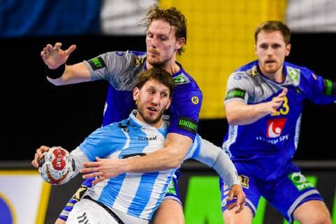 190113 Juan Pablo Fernandez of Argentina and Jesper Nielsen of Sweden during the IHF World Handball Championship match between Sweden and Argentina on January 13 2019 in Copenhagen Photo Ludvig Thunman BILDBYR u0081N kod LT 35577, detectedSourceLanguage  Copyright: LUDVIGxTHUNMAN BB190113LT065