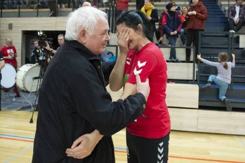 Coach Tanja Logvin Head Coach SV Union Halle very emotional after the victory in the quarter finals SV Union Halle Neustadt Wildcats vs Bayer 04 Leverkusen Handball DHB Cup Season 2018 2019 Copyright xVIADATAx xHolgerxJohnx Halle Saale Sachsen Anhalt Germany