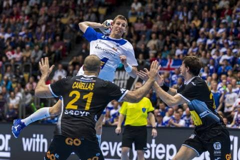 Munich Germany 13 January 2019 World Cup 2019 Men Group B Spain vs Iceland Joan Canellas Spain Olafur Gudmundsson Iceland Munich Olympic Hall Bayern Germany