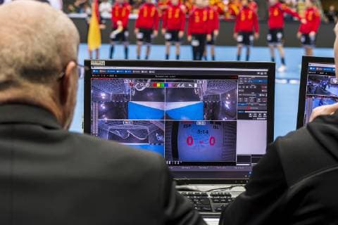 Munich Germany 13 January 2019 World Cup 2019 Men Group B Spain vs. Iceland Video Replay System Munich Olympic Hall Bayern Germany