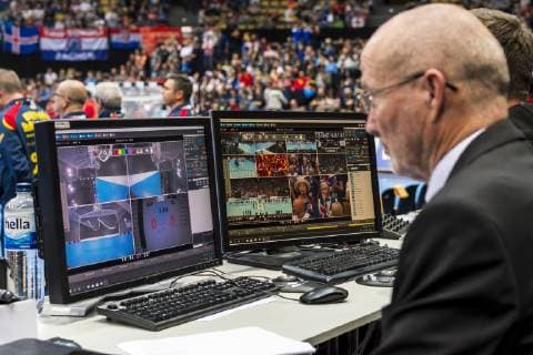 Munich Germany 13 January 2019 World Cup 2019 Men Group B Spain vs. Iceland Video Replay System Munich Olympic Hall Bayern Germany