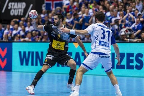 Munich Germany 13 January 2019 World Cup 2019 Men Group B Spain vs. Iceland Raul Entrerrios Rodriguez Spain Teitur Orn Einarrson Island Munich Olympic Hall Bayern Germany