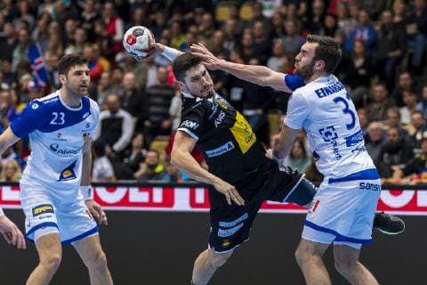 Munich Germany 13 January 2019 World Cup 2019 Men Group B Spain vs Iceland Olafur Gustafsson Iceland Alex Dujshebaev Spain Teitur Orn Einarrson Iceland Munich Olympic Hall Bayern Germany