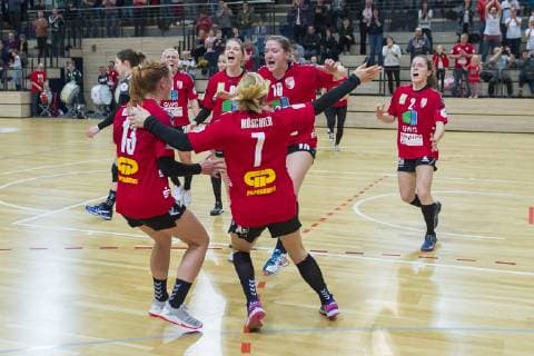 The Wildcats win the game and for the first time in the history of the club they are going to the Final Four in the DHB Cup a jubilation of the team after the victory in the quarter final SV Union Halle Neustadt Wildcats vs. Bayer 04 Leverkusen Handball DHB Cup Season 2018 2019 Copyright xVIADATAx xHolgerxJohnx Halle Saale Sachsen Anhalt Germany