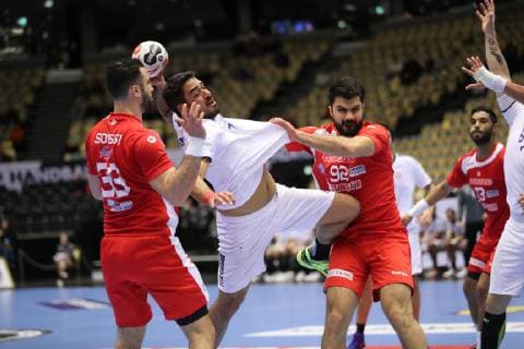 26th Mens Handball World Championship Tunisia vs Chile 14 01 19 Esteban Salinas Chile 17 GegenMohamed Soussi Tunisia 39 and Oussama Jaziri Tunisia 92 xmmkx