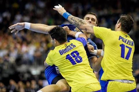 Serbia vs Brazil Handball World Championship 2019 14 01 2019 Mijan Pusica SRB 2 against Felipe Borges BRA 18 and Alexandro Pozzer BRA 17 at the match between Serbia and Brazil at the Handball World Championship in Berlin on 14 01 2019 Berlin BER Germany Mercedes Benz Arena