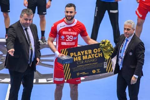 HANDBALL - IHF WC, TUN vs CHI HERNING,DENMARK,14.JAN.19 - HANDBALL - IHF Men s World Championships, international match Länderspiel Tunisia vs Chile. Image shows the man of the match Mohamed Soussi (TUN). GEPAxpictures xOliverxLerch