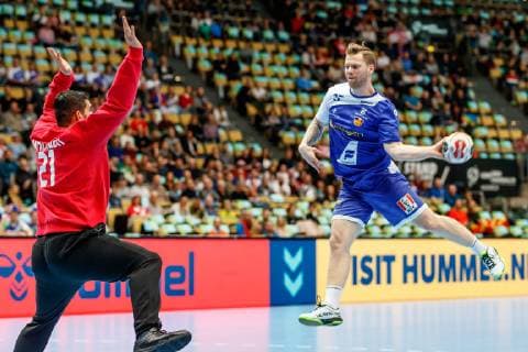 Munich Germany 14 01 2019 IHF Handball WM 2019 Group B Iceland Bahrain Mohamed Husain BHR and Arnor por Gunnarsson ISL in the duel DeFodi048