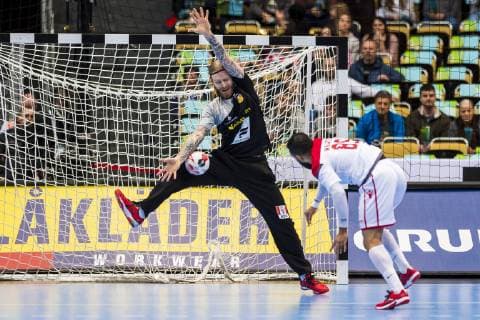 Munich Germany 14 January 2019 World Cup 2019 Men Group B Iceland vs Bahrain vs li Goalkeeper Bjoergvin Gustavsson Iceland Mahdi Saad Bahrain Munich Olympic Hall Bayern Germany
