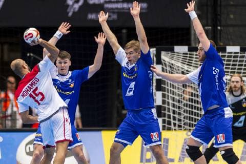 Munich Germany 14 January 2019 World Cup 2019 Men Group B Island vs Bahrain vs Mohamed Abdulredha Bahrain Elvar Orn Jonsson Island Olafur Gudmundsson Island Arnar Arnarsson Island Munich Olympic Hall Bayern Germany