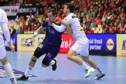 26th Mens Handball World Championship Norway vs Austria 14 01 19 Sander Sagosen Norway 05 vs Maximilian Hermann Oesterreich 04 xmmkx
