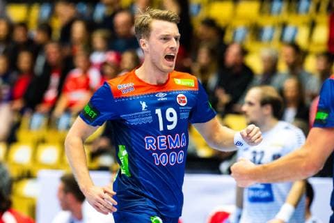 190114 Kristian Bj¿rnsen of Norway celebrating during the IHF World Handball Championship match between Norway and Austria on January 14 2019 in Herning Photo Jon Olav Nesvold BILDBYR u0081N kod JE 160400, detectedSourceLanguage  Copyright: JONxOLAVxNESVOLD BB190114JE078