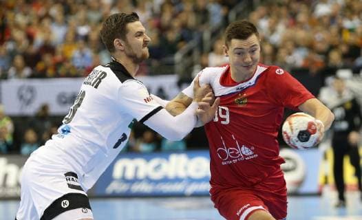 Hendrik Pekeler Germany vs. Sergei Mark Kosorotov Russia at the match Russia vs. Germany Handball World Championship 2019 Mens 14 01 2019 at the Mercedes Benz Arena in Berlin Handball World Championship 2019 Group A Germany Russia