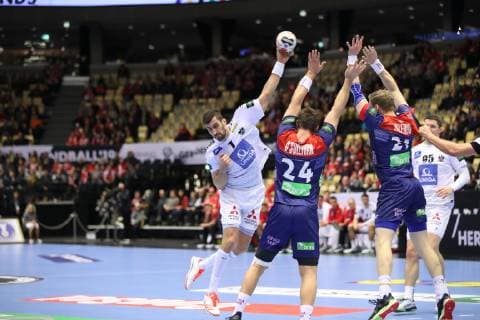 26th Mens Handball World Championship Norway vs Austria 14 01 19 Janko Bozovic Austria 07 against Christian O Sullivan Norway 24 and Harald Reinkind Norway 27 xmmkx