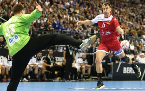 Andreas Wolff Germany pareiert litter of Daniil Shishkarev Russia at the match Russia vs. Germany of the Handball World Championship 2019 of Men on 14 01 2019 in the Mercedes Benz Arena in Berlin Handball World Championship 2019 Group A Germany Russia Russia