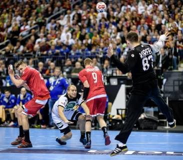 Germany vs Russia Handball World Championship 2019 14 01 2019 l r Gleb Kalarash RUS 21 Paul Drux GER 95 Alexander Shkurinskiy RUS 9 and Victor Kireev RUS 87 at the match between Russia and Germany at the Handball World Championship in Berlin on 14 01 2019 Berlin BER Germany Mercedes Benz Arena