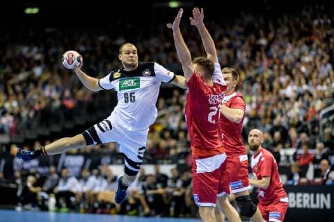 Germany vs Russia Handball World Championship 2019 14 01 2019 Paul Drux GER 95 scoring Gleb Kalarash RUS 21 at the match between Russia and Germany at the Handball World Championship in Berlin on 14 01 2019 Berlin BER Germany Mercedes Benz Arena