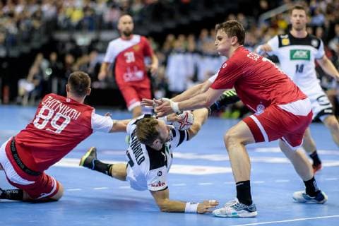 Germany vs Russia Handball World Championship 2019 14 01 2019 l r Dmitrii Zhitnikov RUS 89 Steffen Weinhold GER 17 and Sergey Gorpishin RUS 18 at the match between Russia and Germany at the Handball World Championship in Berlin on 14 01 2019 Berlin BER Germany Mercedes Benz Arena