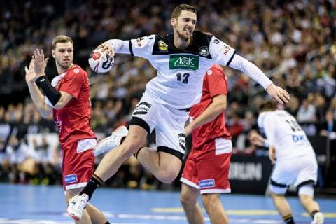 Germany vs. Russia Handball World Championship 2019 14 01 2019 Hendrik Pekeler GER 13 at the goal throw between Russia and Germany at the Handball World Championship in Berlin on 14 01 2019 Berlin BER Germany Mercedes Benz Arena