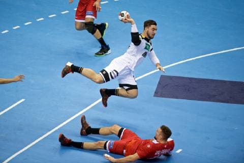 Handball Berlin 14 01 2019 World Championship 2019 Mens World Championship Group A Russia RUS Germany GER Jannik Kohlbacher Germany No 48 KALARASH Gleb Russia No 21