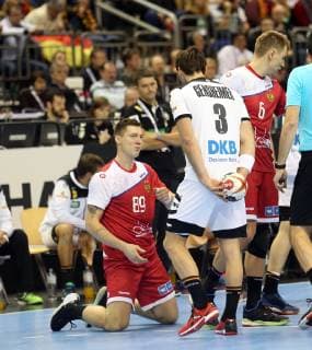 GERv IHF Handball WM Germany GER vs Russia RUS 14 01 2019 Mercedes Benz Arena Berlin GER Germany vs Russia in picture Uwe Gensheimer GER 3 Dmitrii ZHITNIKOV RUS 89 nordphotox xEngler nph00076