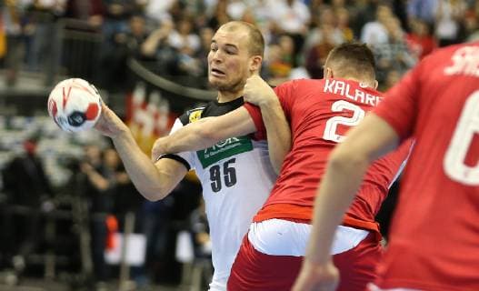Paul Drux Germany will be stopped by Gleb Kalarash Russia at the match Russia vs. Germany the Handball World Championship 2019 mens 14 01 2019 at the Mercedes Benz Arena in Berlin Handball World Championship 2019 Group A Germany Russia Russia