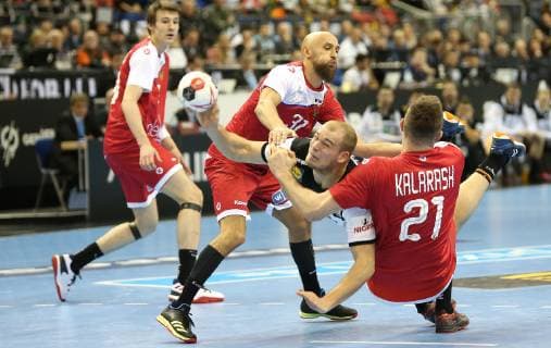 Timur Dibirov Russia Paul Drux Germany Gleb Kalarash Russia at the match Russia vs. Germany Handball World Championship 2019 Mens Handball on 14 01 2019 in the Mercedes Benz Arena in Berlin Handball World Championship 2019 Group A Germany Russia Russia