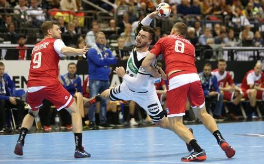 Jannik Kohlbacher Germany throwing the goal at the match Russia against Germany Handball World Championship 2019 Mens 14 01 2019 in the Mercedes Benz Arena in Berlin Handball World Championship 2019 Group A Germany Russia
