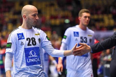 HANDBALL - IHF WC, NOR vs AUT HERNING,DENMARK,14.JAN.19 - HANDBALL - IHF Men s World Championships, international match Länderspiel Norway vs Austria. Image shows Robert Weber and Nikola Bilyk (AUT). GEPAxpictures xOliverxLerch