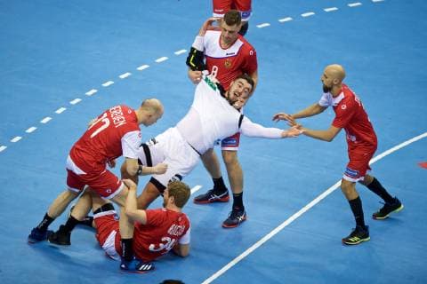 Handball Berlin 14 01 2019 World Championship 2019 Mens World Championship Group A Russia RUS Germany GER Jannik Kohlbacher Germany No 48 DIBIROV Timur Russia No 31 re EVDOKIMOV Egor Russia No 08 KOMOGOROV Vitaly Russia No 34 DEREVEN Aleksandr Russia No 17