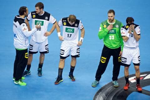 Handball Berlin 14 01 2019 World Championships 2019 Mens World Championships Group A Russia RUS Germany GER defeated German players Uwe Gensheimer Germany No 03 Andreas Wolff Germany TW No 33 Steffen Weinhold Germany No 17 Fabian Böhm Germany No 38 Bohm Boehm Silvio Heinevetter Germany TW No 12 vrnl