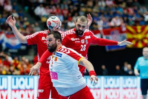 Munich Germany 14 01 2019 IHF Handball WM 2019 Group B Croatia Macedonia Stojanche Stoilov MKD and Zeljko Musa CRO in the duel DeFodi048
