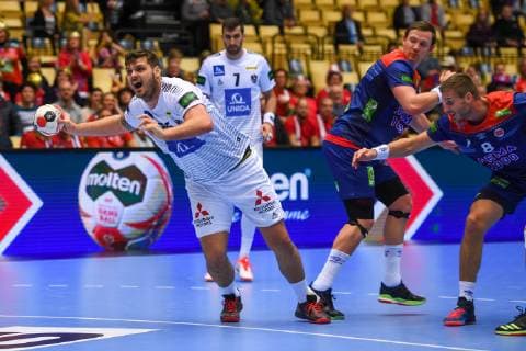 HANDBALL - IHF WC, NOR vs AUT HERNING,DENMARK,14.JAN.19 - HANDBALL - IHF Men s World Championships, international match Länderspiel Norway vs Austria. Image shows Tobias Wagner, Janko Bozovic (AUT), Sander Sagosen and Bjarte Myrhol (NOR). GEPAxpictures xOliverxLerch