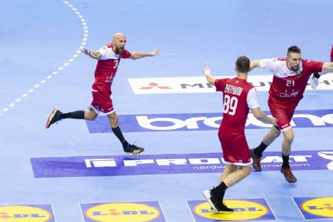 Timur Dibirov No 31 Russia Dmitrii Zhitnikov No 89 Russia and Gleb Kalarash No 21 Russia cheer Russia vs. Germany Preliminary Round Handball IHF Handball World Championship 14 01 19 Berlin Berlin Germany Mercedes Benz Arena Copyright: xAgentur54Gradx xFelixxKoenigx