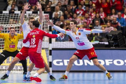 Munich Germany 14 January 2019 World Cup 2019 Men Group B Croatia vs Macedonia Igor Karacic Croatia Filip Taleski Macedonia Rhine Neckar Loewen Munich Olympic Hall Bayern Germany