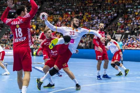 Munich Germany 14 January 2019 World Cup 2019 Men Group B Croatia vs Macedonia v li Igor Karacic Croatia Zharko Peshevski Macedonia Munich Olympic Hall Bayern Germany