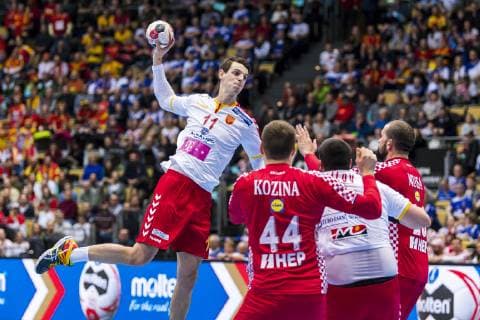 Munich Germany 14 January 2019 World Cup 2019 Men Group B Croatia vs Macedonia vs Filip Taleski Macedonia Rhine Neckar Loewen Kresimir Kozina Croatia Goeppingen Stojanche Stoilov Macedonia Zeljko Musa Croatia Fuechse Berlin Munich Olympic Hall Bavaria Germany