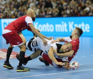 HANDBALL WM 2019 RUSSIA vs GERMANY 14 01 2019 GROUP A RUSSIA vs GERMANY Timur Dibirov RUS Paul Drux GER Gleb Kalarash RUS rene vigneron Â© rscp photo net
