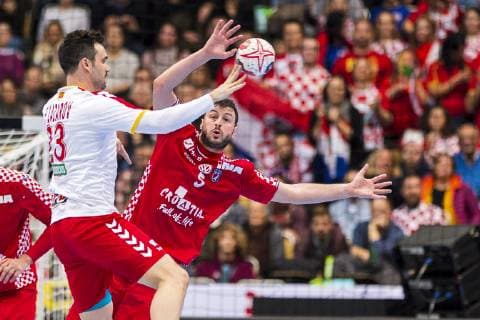 Munich Germany 14 January 2019 World Cup 2019 Men Group B Croatia vs Macedonia Filip Lazarov Macedonia Domagoj Duvnjak Croatia THW Kiel Munich Olympic Hall Bavaria Germany