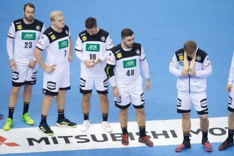 Handball Berlin 14 01 2019 World Championships 2019 Mens World Championships Group A Russia RUS Germany GER defeated German players vlnr Steffen Fäth Germany No 23 Faeth Fath Patrick Wiencek Germany No 07 Fabian Wiede Germany No 10 Jannik Kohlbacher Germany No 48 Franz Semper Germany No 32