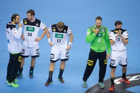 Handball Berlin 14 01 2019 World Championships 2019 World Championships Mens Group A Russia RUS Germany GER defeated German players vlnr Silvio Heinevetter Germany TW No 12 Fabian Böhm Germany No 38 Bohm Boehm Steffen Weinhold Germany No 17 Andreas Wolff Germany TW No 33 Uwe Gensheimer Germany No 03