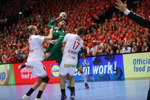 26th Mens Handball World Championship Denmark vs Saudi Arabia 14 01 19 Alsalem Saudi Arabia 57 vs Henrik Moellgaard Jensen Denmark 21 and Lasse Svan Lasse Denmark 17 xmmkx