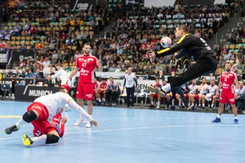 Handball WM 2019 preliminary round group B Munich Olympic Hall Encounter Croatia Macedonia in picture Ivan Stevanovic Zlatko Horvat Jakov Vrankovic @Martin Hangen hangenfoto
