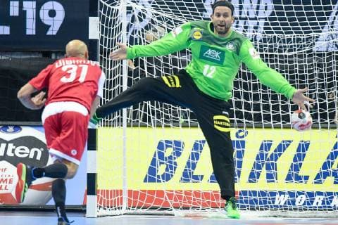 Germany Berlin Mercedes Benz Arena IHF Handball World Mens Championship Germany 12 Silvio Heinevetter GER Russia 31 Timur Dibirov RUS