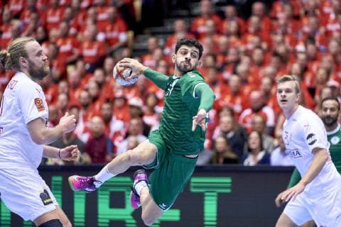 IHF Men s World Championship WM Weltmeisterschaft 2019 Group C handball match. Henrik Mollgaard (21) of Denmark and Mojtaba Alsalem (57) of Saudi Arabia during the men s IHF Handball World Championship Group C match 33 between Denmark and Saudi Arabia at the Jyske Bank Boxen arena in Herning Denmark on Monday January 14, 2019. Denmark 
