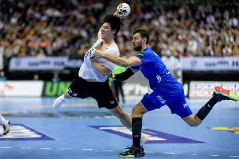 France vs. Korea Handball World Championship 2019 14 01 2019 Kwangsoon Park COR 23 and Nedim Remili FRA 5 at the match between France and Korea at the Handball World Championship in Berlin on 14 01 2019 Berlin BER Germany Mercedes Benz Arena
